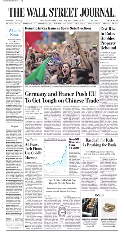 Πρωτοσέλιδο The Wall Street Journal - Τρίτη, 13 Οκτωβρίου 2026